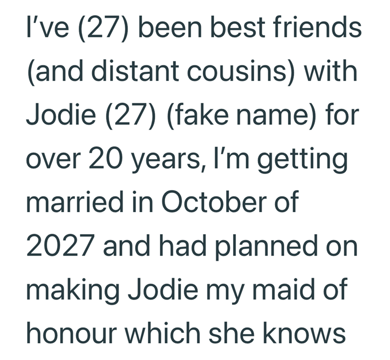 I've (27) been best friends (and distant cousins) with Jodie (27) (fake name) for over 20 years, I'm getting married in October of 2027 and had planned on making Jodie my maid of honour which she knows