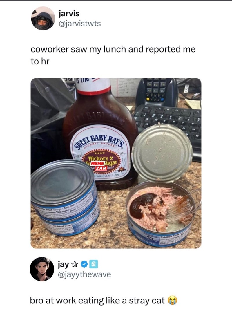 jarvis @jarvistwts coworker saw my lunch and reported me to hr SWEET BABY SAUCES RAY'S GOURMET Hickory & MEME ugar arZARauce 128 02. (1 LB 1202) 7949 Facts Calories 110 Serv. size: 1 can jay ✰ 555 @jayythewave bro at work eating like a stray cat Nutrition Feets