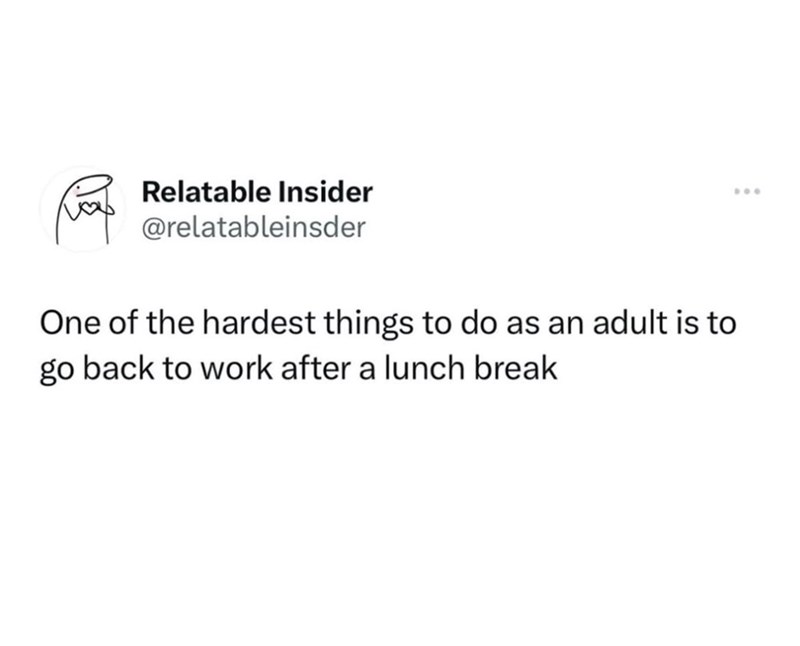 Relatable Insider @relatableinsder One of the hardest things to do as an adult is to go back to work after a lunch break 500