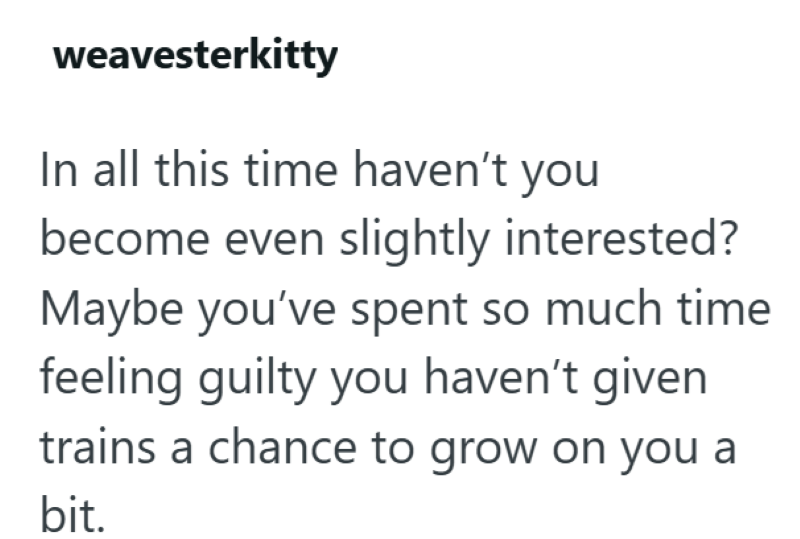weavesterkitty In all this time haven't you become even slightly interested? Maybe you've spent so much time feeling guilty you haven't given trains a chance to grow on you a bit.