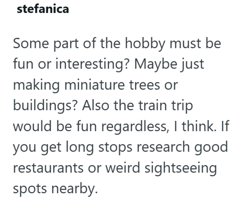 stefanica Some part of the hobby must be fun or interesting? Maybe just making miniature trees or buildings? Also the train trip would be fun regardless, I think. If you get long stops research good restaurants or weird sightseeing spots nearby.