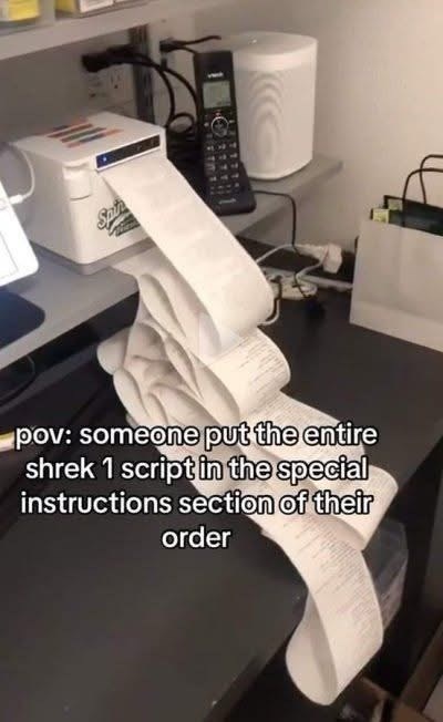 171119 pov: someone put the entire shrek 1 script in the special instructions section of their order