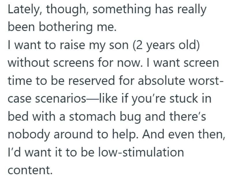 Lately, though, something has really been bothering me. I want to raise my son (2 years old) without screens for now. I want screen time to be reserved for absolute worst- case scenarios-like if you're stuck in bed with a stomach bug and there's nobody around to help. And even then, I'd want it to be low-stimulation content.