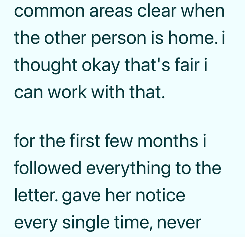 common areas clear when the other person is home. i thought okay that's fair i can work with that. for the first few months i followed everything to the letter. gave her notice every single time, never