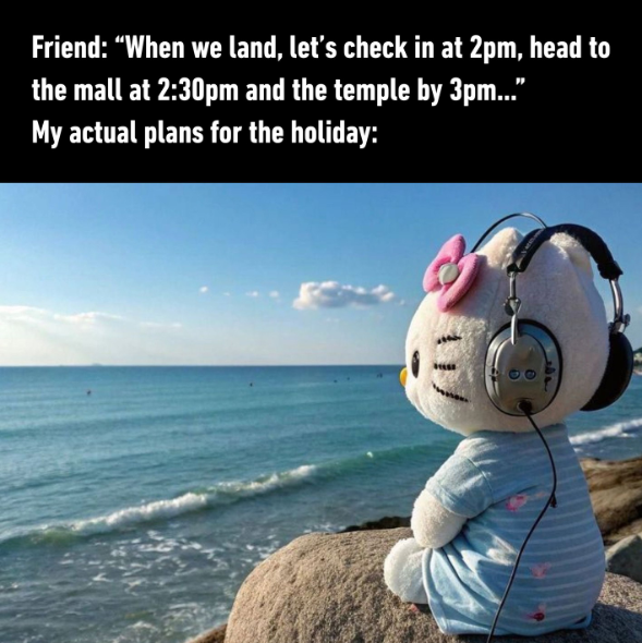 Friend: "When we land, let's check in at 2pm, head to the mall at 2:30pm and the temple by 3pm...” My actual plans for the holiday: