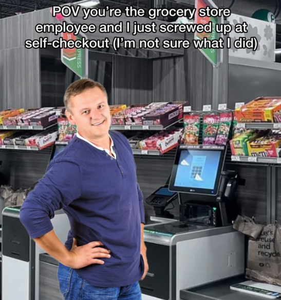 POV you're the grocery store employee and I just screwed up at self-checkout (I'm not sure what I did) XPRESS Reesess Let's Reuse and recyde