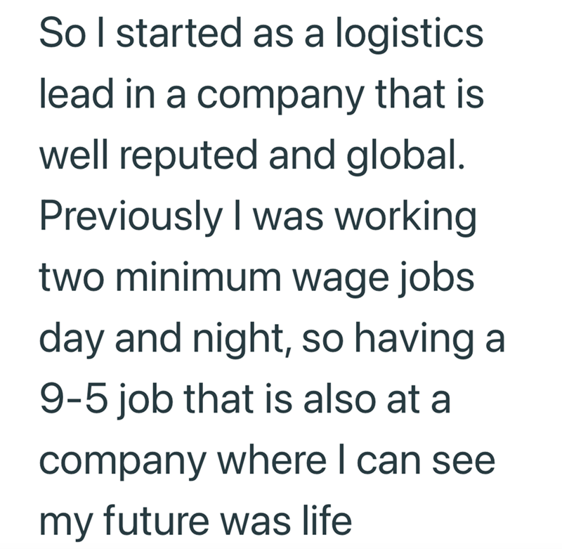 So I started as a logistics lead in a company that is well reputed and global. Previously I was working two minimum wage jobs day and night, so having a 9-5 job that is also at a company where I can see my future was life