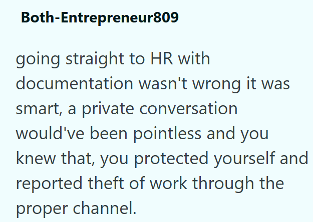 Both-Entrepreneur809 going straight to HR with documentation wasn't wrong it was smart, a private conversation would've been pointless and you knew that, you protected yourself and reported theft of work through the proper channel.