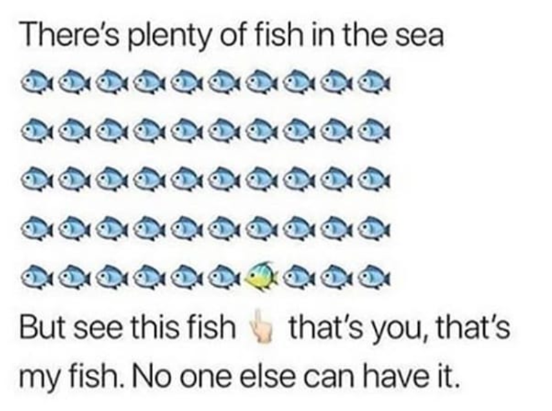 There's plenty of fish in the sea But see this fish that's you, that's my fish. No one else can have it.