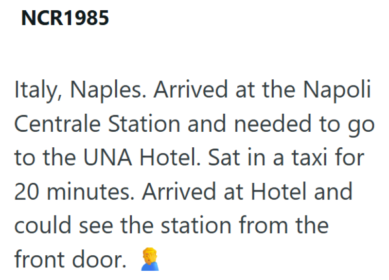 NCR1985 Italy, Naples. Arrived at the Napoli Centrale Station and needed to go to the UNA Hotel. Sat in a taxi for 20 minutes. Arrived at Hotel and could see the station from the front door.