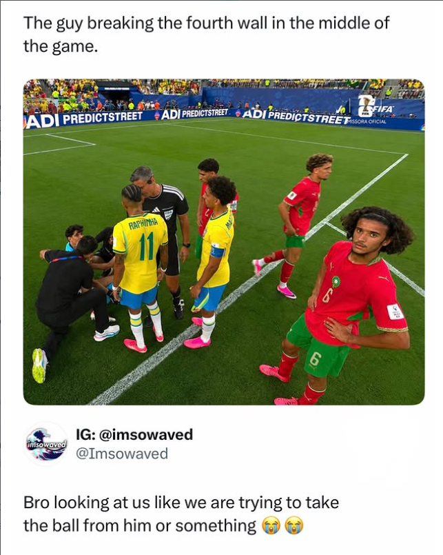 The guy breaking the fourth wall in the middle of the game. ADI PREDICTSTREET ADI PREDICTSTREET ADI PREDICTSTREE MISSORA OFICIAL FIFA RAPHINHA 6 imsowaved IG: @imsowaved @Imsowaved Bro looking at us like we are trying to take the ball from him or something