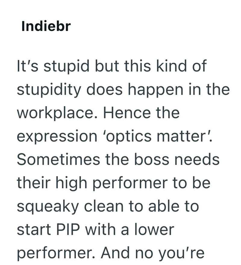 Indiebr It's stupid but this kind of stupidity does happen in the workplace. Hence the expression 'optics matter' Sometimes the boss needs their high performer to be squeaky clean to able to start PIP with a lower performer. And no you're