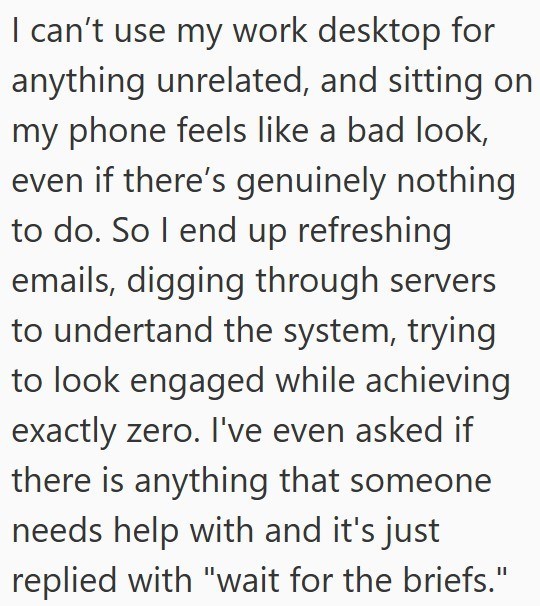 I can't use my work desktop for anything unrelated, and sitting on my phone feels like a bad look, even if there's genuinely nothing to do. So I end up refreshing emails, digging through servers to undertand the system, trying to look engaged while achieving exactly zero. I've even asked if there is anything that someone needs help with and it's just replied with "wait for the briefs."
