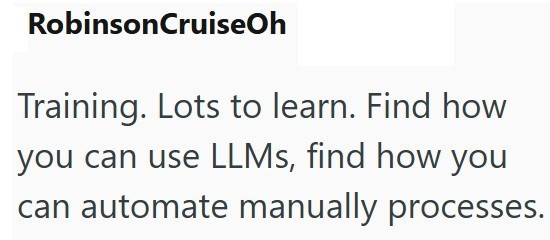 Robinson CruiseOh Training. Lots to learn. Find how you can use LLMs, find how you can automate manually processes.