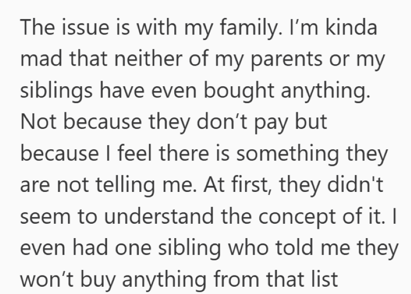 The issue is with my family. I'm kinda mad that neither of my parents or my siblings have even bought anything. Not because they don't pay but because I feel there is something they are not telling me. At first, they didn't seem to understand the concept of it. I even had one sibling who told me they won't buy anything from that list