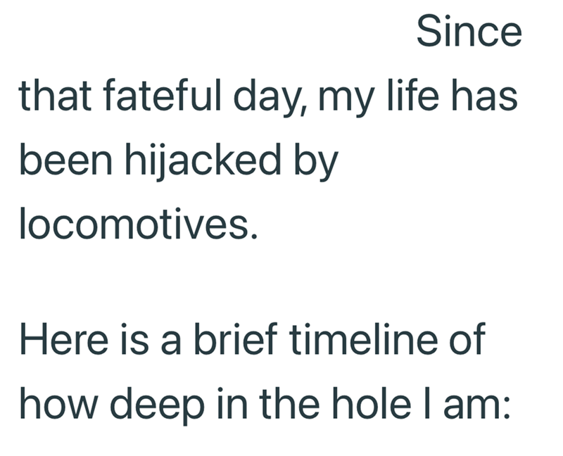 Since that fateful day, my life has been hijacked by locomotives. Here is a brief timeline of how deep in the hole I am:
