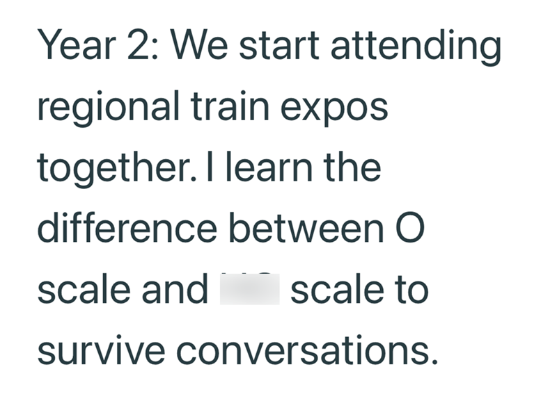 Year 2: We start attending regional train expos together. I learn the difference between O scale and scale to survive conversations.