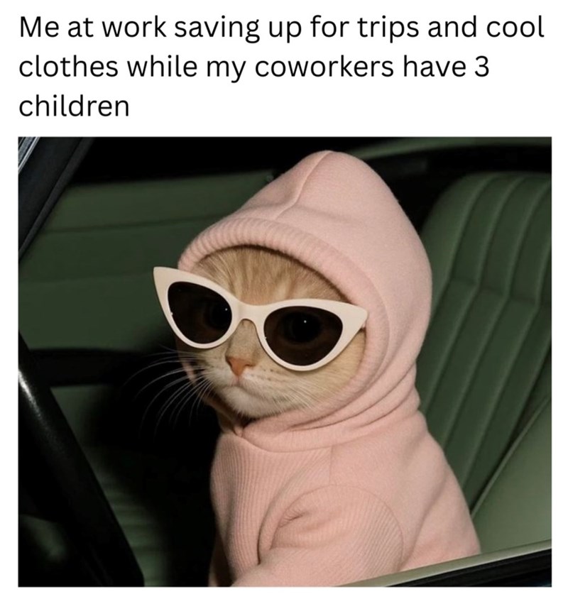Me at work saving up for trips and cool clothes while my coworkers have 3 children