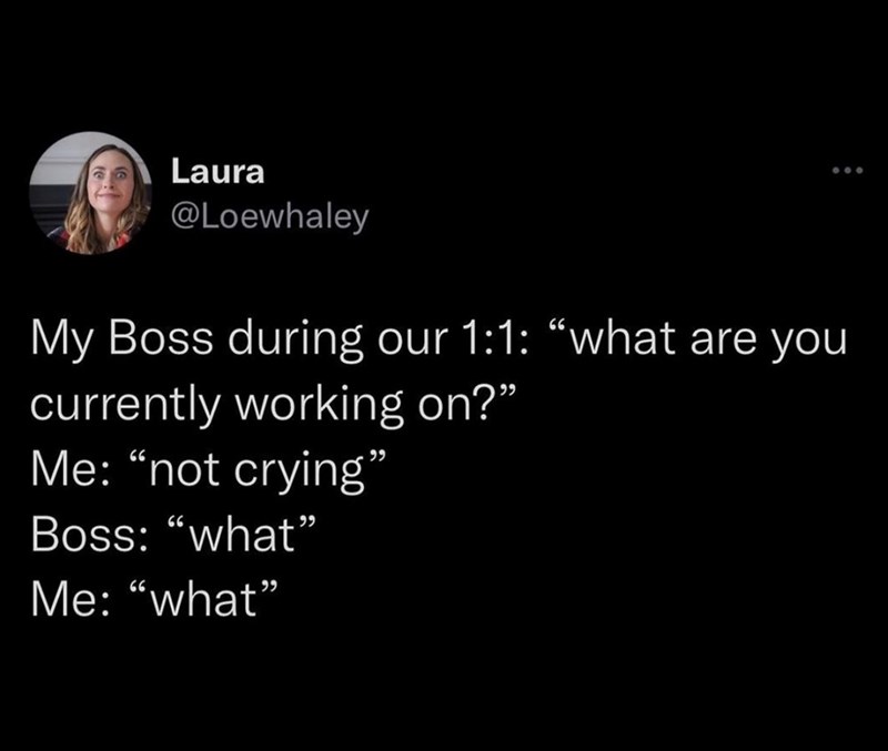 Laura @Loewhaley My Boss during our 1:1: “what are you currently working on?" Me: "not crying” Boss: "what" Me: "what" 600