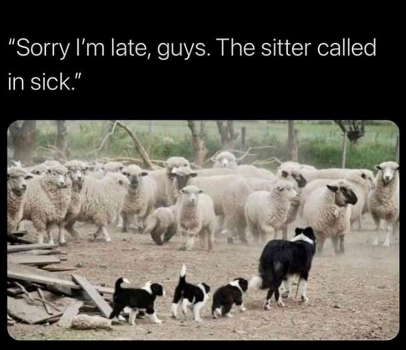 "Sorry I'm late, guys. The sitter called in sick."