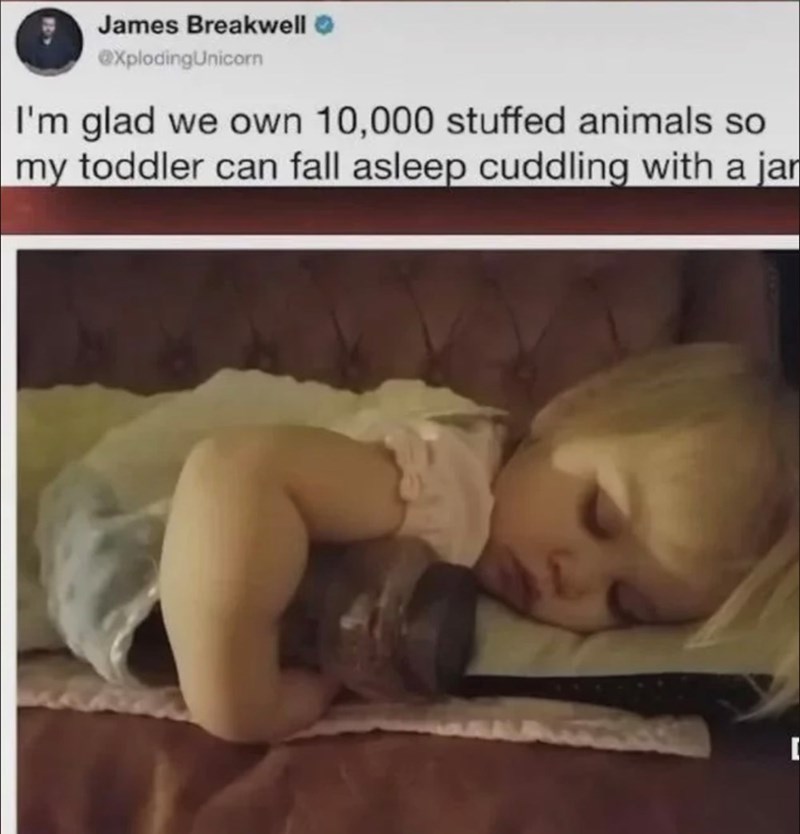 James Breakwell @xplodingUnicorn I'm glad we own 10,000 stuffed animals so my toddler can fall asleep cuddling with a jar