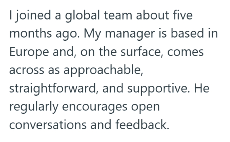 I joined a global team about five months ago. My manager is based in Europe and, on the surface, comes across as approachable, straightforward, and supportive. He regularly encourages open conversations and feedback.