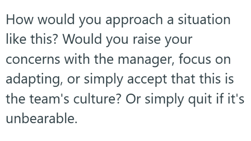 How would you approach a situation like this? Would you raise your concerns with the manager, focus on adapting, or simply accept that this is the team's culture? Or simply quit if it's unbearable.