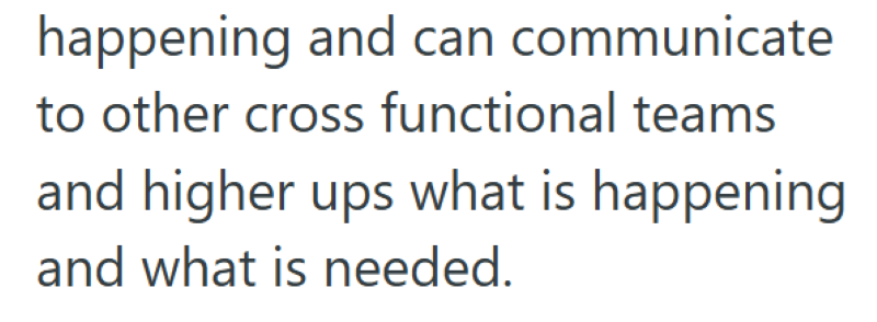happening and can communicate to other cross functional teams and higher ups what is happening and what is needed.