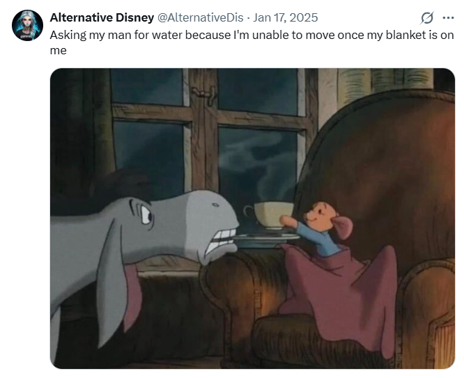 Alternative Disney @Alternative Dis - Jan 17, 2025 0 Asking my man for water because I'm unable to move once my blanket is on me