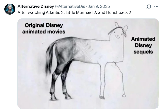 Alternative Disney @AlternativeDis - Jan 9, 2025 After watching Atlantis 2, Little Mermaid 2, and Hunchback 2 Original Disney animated movies Animated Disney sequels