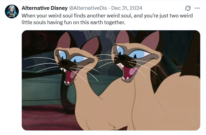 Alternative Disney @AlternativeDis - Dec 31, 2024 0 When your weird soul finds another weird soul, and you're just two weird little souls having fun on this earth together.