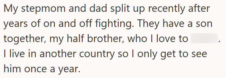 My stepmom and dad split up recently after years of on and off fighting. They have a son together, my half brother, who I love to I live in another country so I only get to see him once a year.