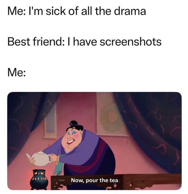 Me: I'm sick of all the drama Best friend: I have screenshots Me: Now, pour the tea