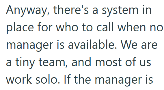 Anyway, there's a system in place for who to call when no manager is available. We are a tiny team, and most of us work solo. If the manager is