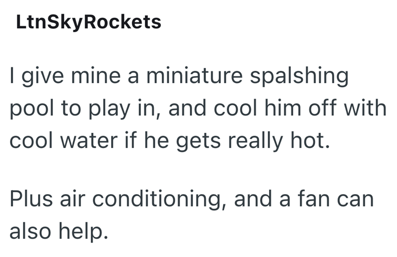 LtnSkyRockets I give mine a miniature spalshing pool to play in, and cool him off with cool water if he gets really hot. Plus air conditioning, and a fan can also help.