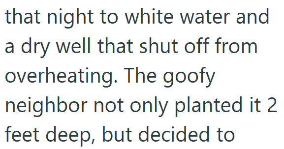 that night to white water and a dry well that shut off from overheating. The goofy neighbor not only planted it 2. feet deep, but decided to