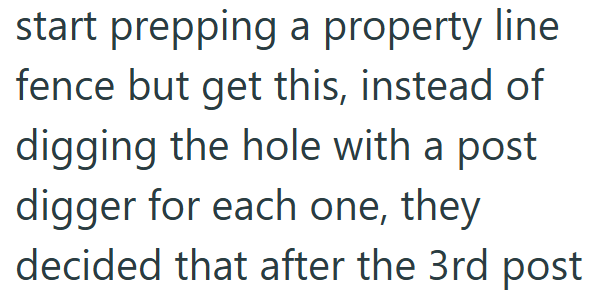 start prepping a property line fence but get this, instead of digging the hole with a post digger for each one, they decided that after the 3rd post