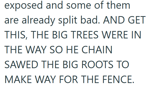 exposed and some of them. are already split bad. AND GET THIS, THE BIG TREES WERE IN THE WAY SO HE CHAIN SAWED THE BIG ROOTS TO MAKE WAY FOR THE FENCE.