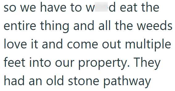 so we have to w d eat the entire thing and all the weeds love it and come out multiple feet into our property. They had an old stone pathway