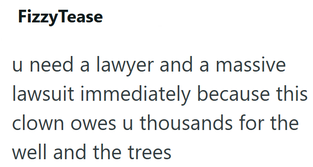 Fizzy Tease u need a lawyer and a massive lawsuit immediately because this clown owes u thousands for the well and the trees