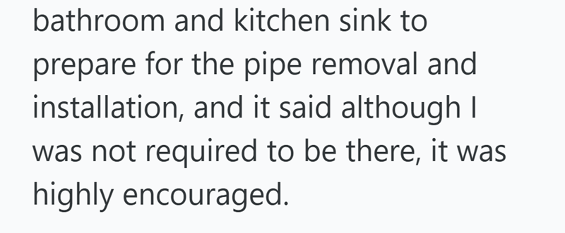 bathroom and kitchen sink to prepare for the pipe removal and installation, and it said although I was not required to be there, it was highly encouraged.
