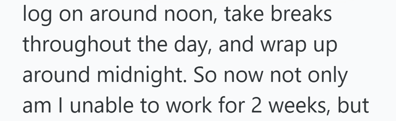 log on around noon, take breaks throughout the day, and wrap up around midnight. So now not only am I unable to work for 2 weeks, but