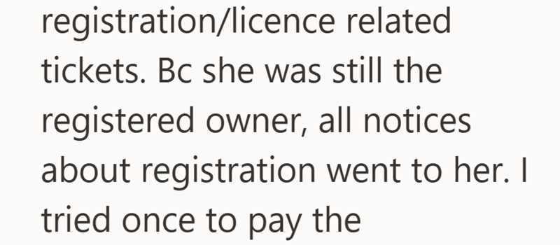 registration/licence related tickets. Bc she was still the registered owner, all notices about registration went to her. I tried once to pay the