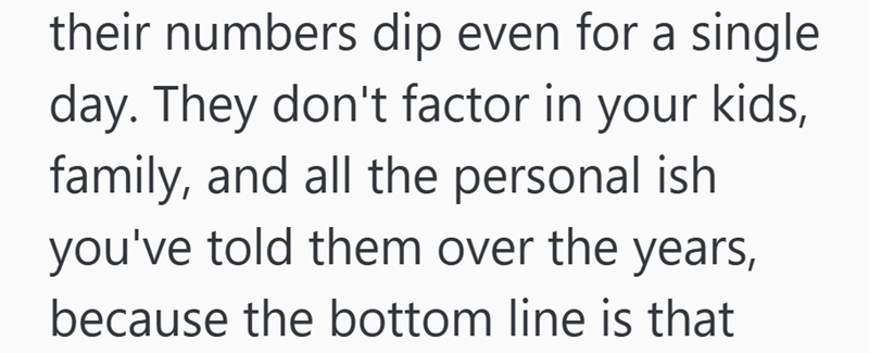 their numbers dip even for a single day. They don't factor in your kids, family, and all the personal ish you've told them over the years, because the bottom line is that