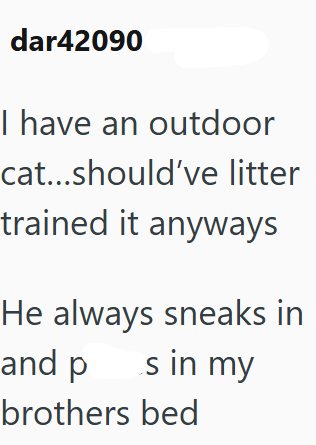 dar42090 I have an outdoor cat...should've litter trained it anyways He always sneaks in and p s in my brothers bed