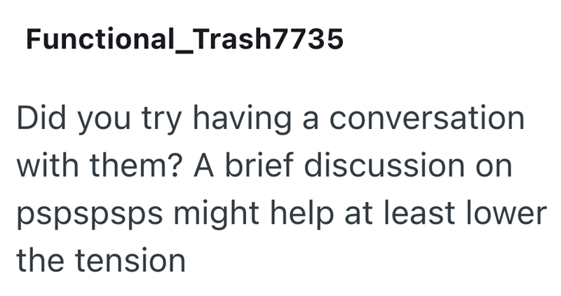 Functional_Trash7735 Did you try having a conversation with them? A brief discussion on pspspsps might help at least lower the tension