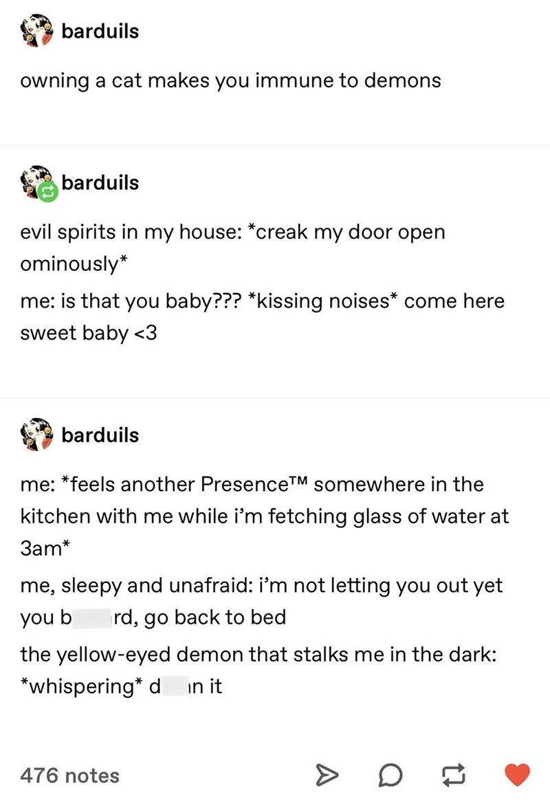 barduils owning a cat makes you immune to demons barduils evil spirits in my house: *creak my door open ominously* me: is that you baby??? *kissing noises* come here sweet baby <3 barduils me: *feels another PresenceTM somewhere in the kitchen with me while i'm fetching glass of water at 3am* me, sleepy and unafraid: I'm not letting you out yet you b rd, go back to bed the yellow-eyed demon that stalks me in the dark: *whispering* d in it 476 notes D