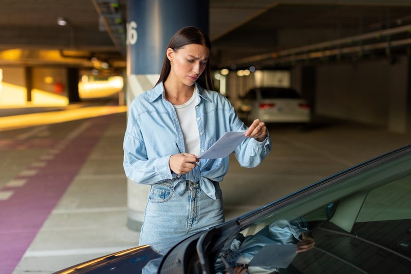 Woman in a parking garage reading a paper beside a car with a concerned expression.