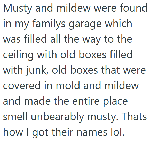 Musty and mildew were found in my familys garage which was filled all the way to the ceiling with old boxes filled with junk, old boxes that were covered in mold and mildew and made the entire place smell unbearably musty. Thats how I got their names lol.