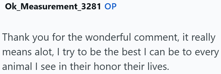 Ok_Measurement_3281 OP Thank you for the wonderful comment, it really means alot, I try to be the best I can be to every animal I see in their honor their lives.